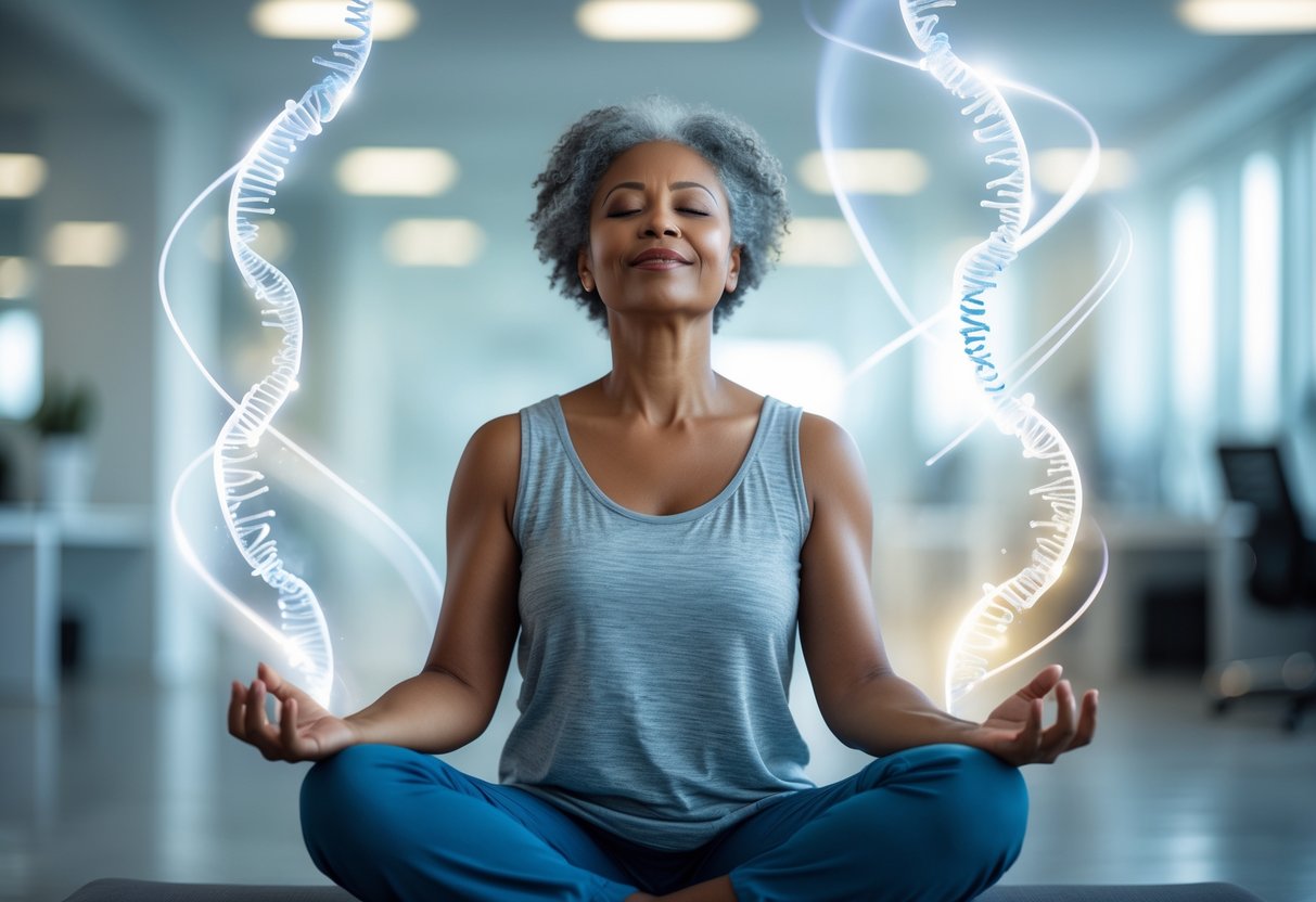 A calm person meditating in a bright office with glowing abstract DNA strands around them, symbolizing protection and longevity.