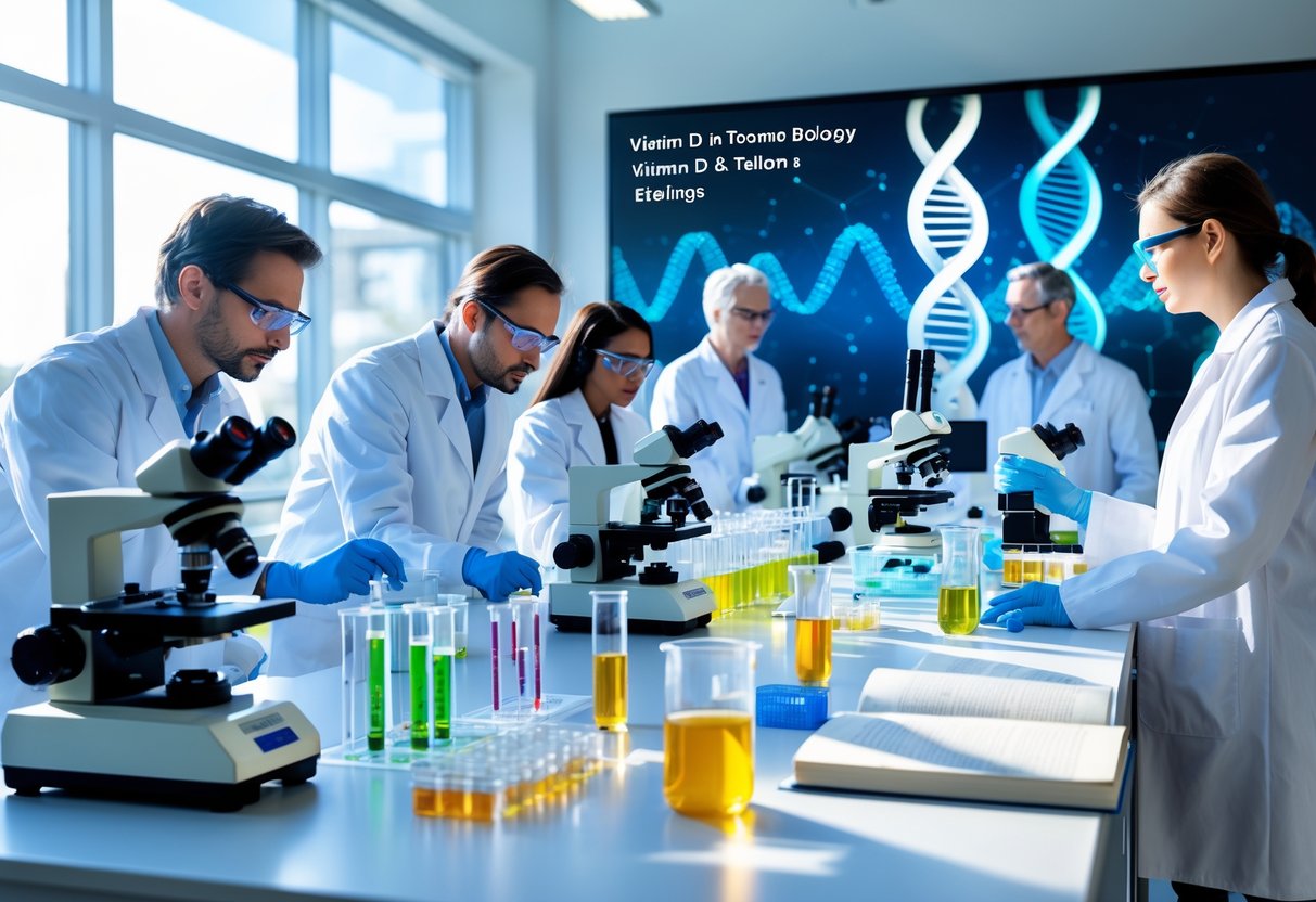 v2-11br72-n6w3g - Preventive Medicine Daily Scientists in a laboratory examining DNA models and vitamin D molecules with microscopes and lab equipment.