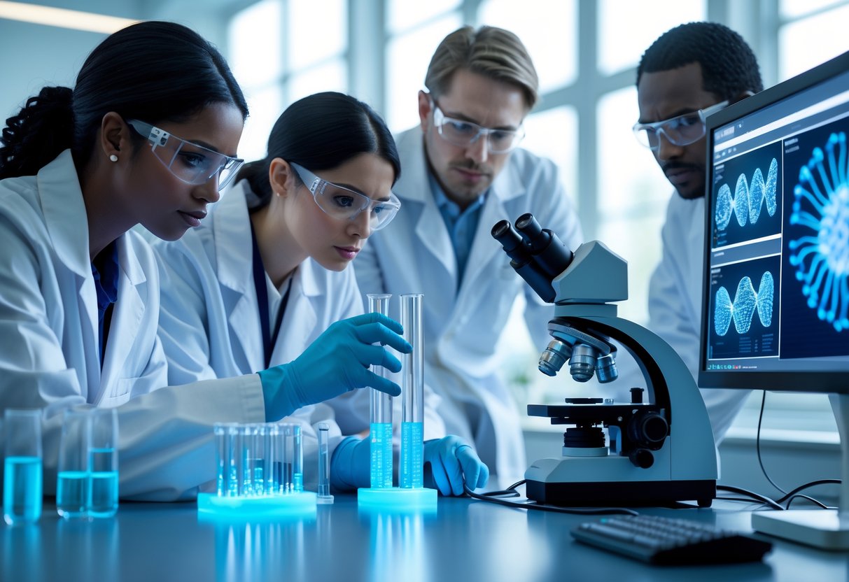 v2-11brb4-7wv2c - Preventive Medicine Daily Researchers in a modern laboratory studying DNA models and vitamin D molecules, surrounded by scientific equipment and computer screens displaying genetic data.