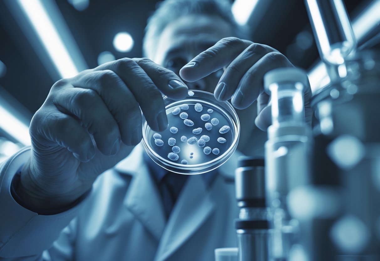 A scientist in a laboratory closely examines a sample vial containing cells, focusing on telomere structures under advanced lighting.