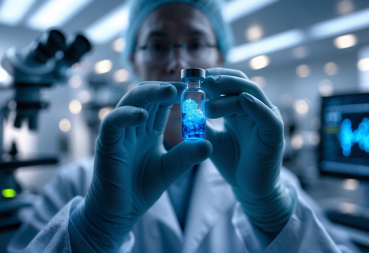 A scientist in a lab coat carefully holds a vial with glowing genetic material in a high-tech laboratory, with microscopes and computer screens in the background.