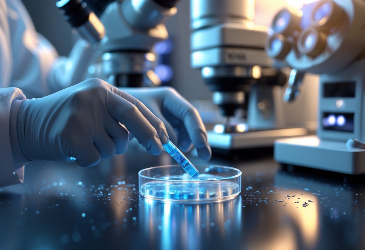 Close-up of a scientist's gloved hands holding a petri dish with cultured cells in a clinical laboratory, surrounded by advanced medical equipment.