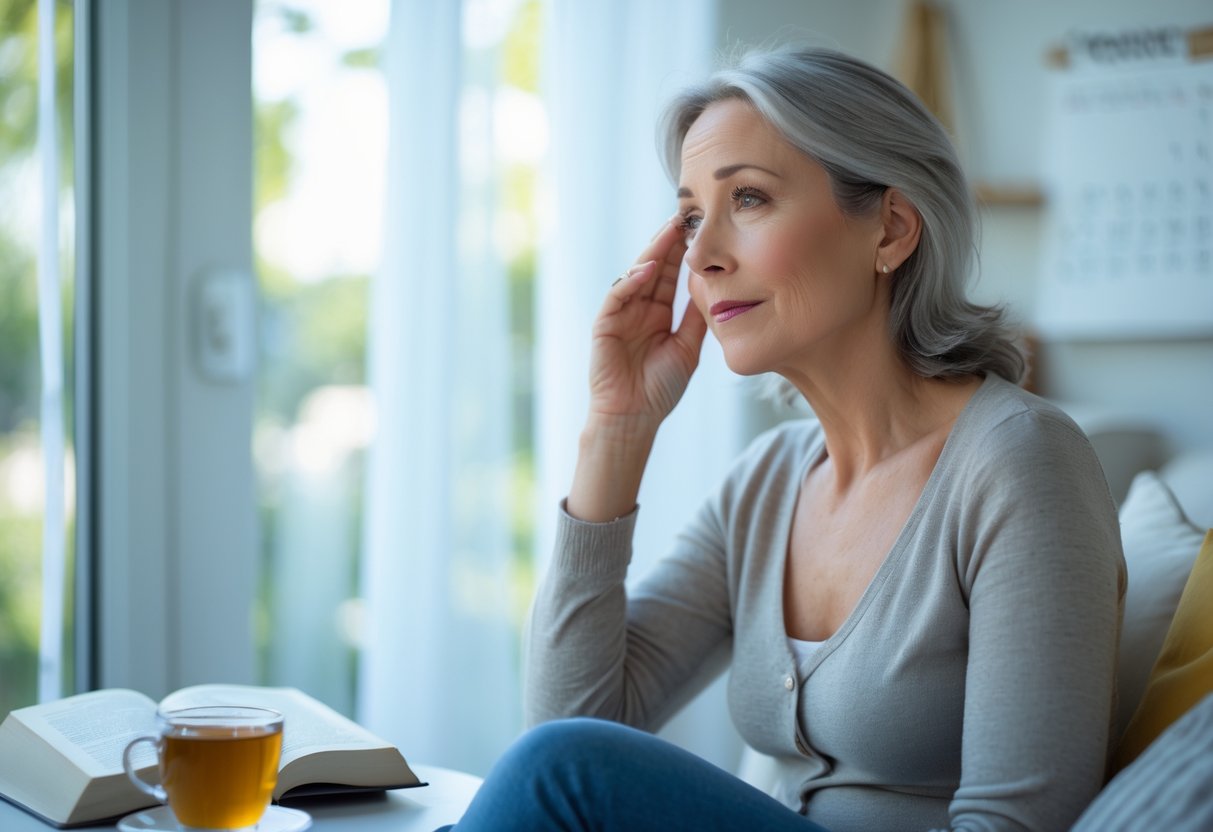 v2-11db9e-yuzvg - Preventive Medicine Daily A middle-aged woman sitting by a window, looking thoughtful and touching her temple in a bright living room.
