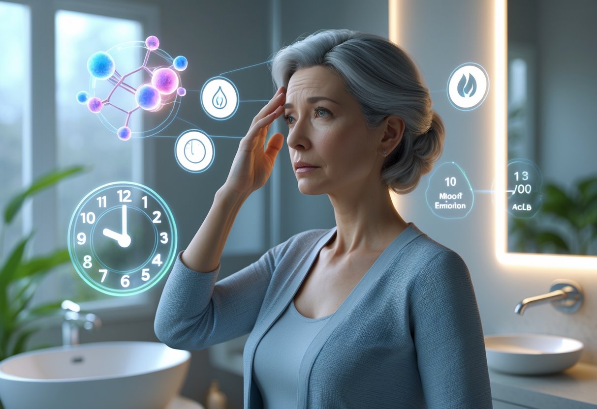 A middle-aged woman in a bathroom surrounded by glowing icons representing hormonal imbalance symptoms, looking thoughtful and concerned.