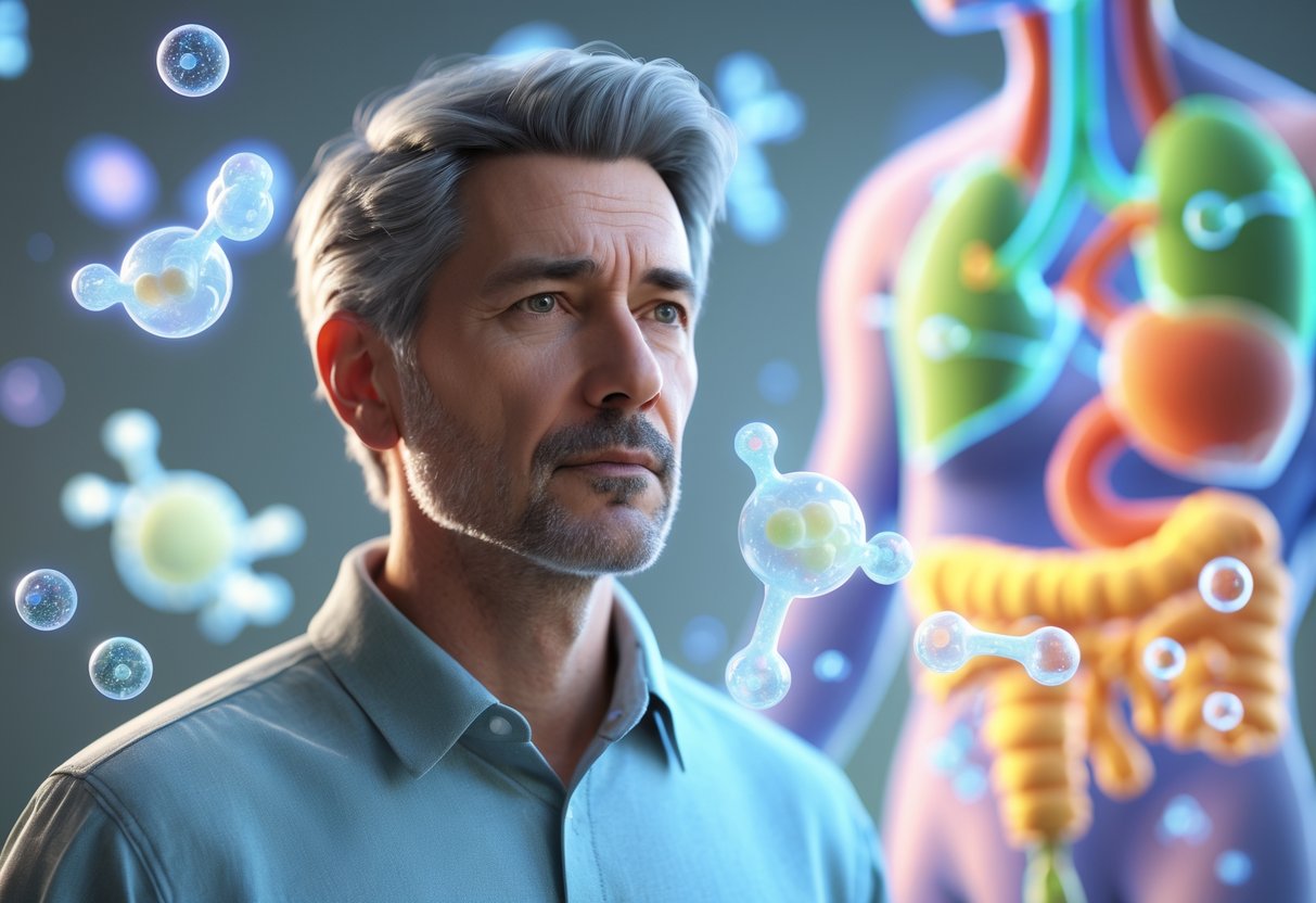 A middle-aged man surrounded by glowing molecular structures representing hormones, with a faint diagram of the human endocrine system in the background.