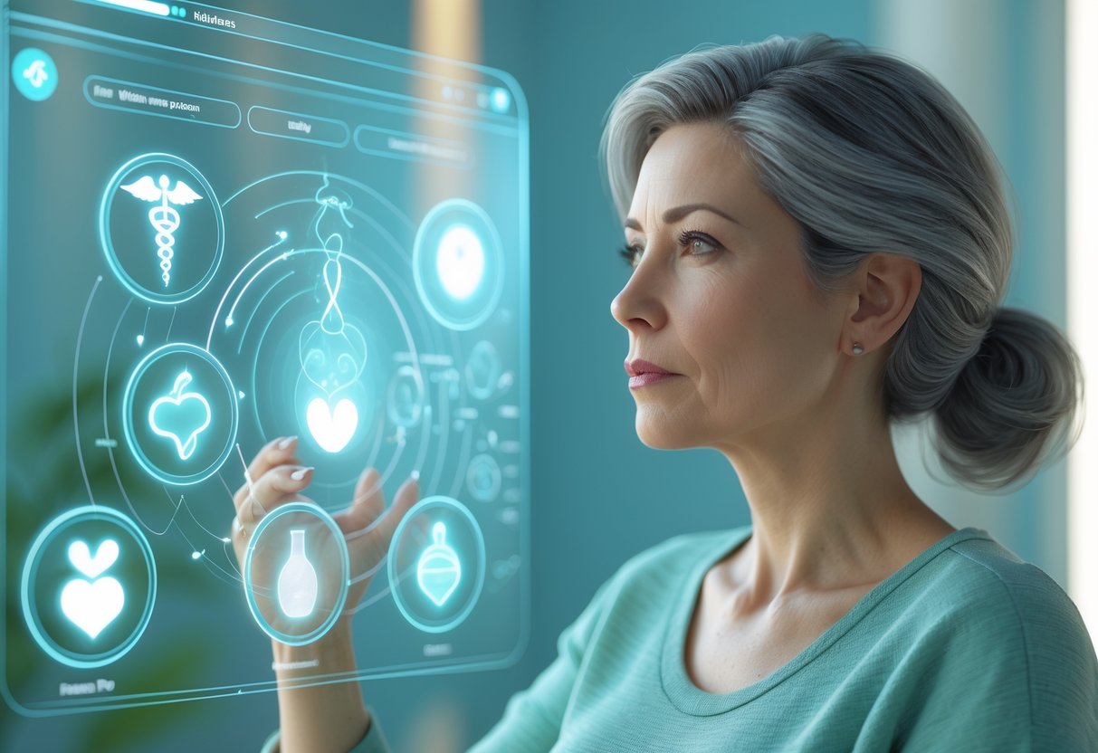 A middle-aged woman looking thoughtfully at floating holographic symbols representing health and hormones in a calm medical setting.