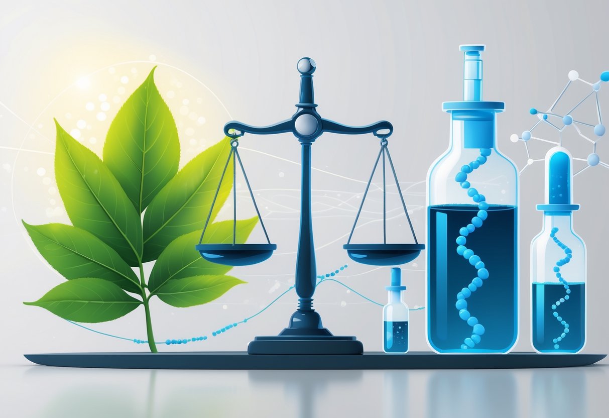 A balanced comparison showing a green leaf representing natural bioidentical hormones on one side and laboratory vials representing synthetic hormones on the other, with a scale symbolizing their safety comparison.