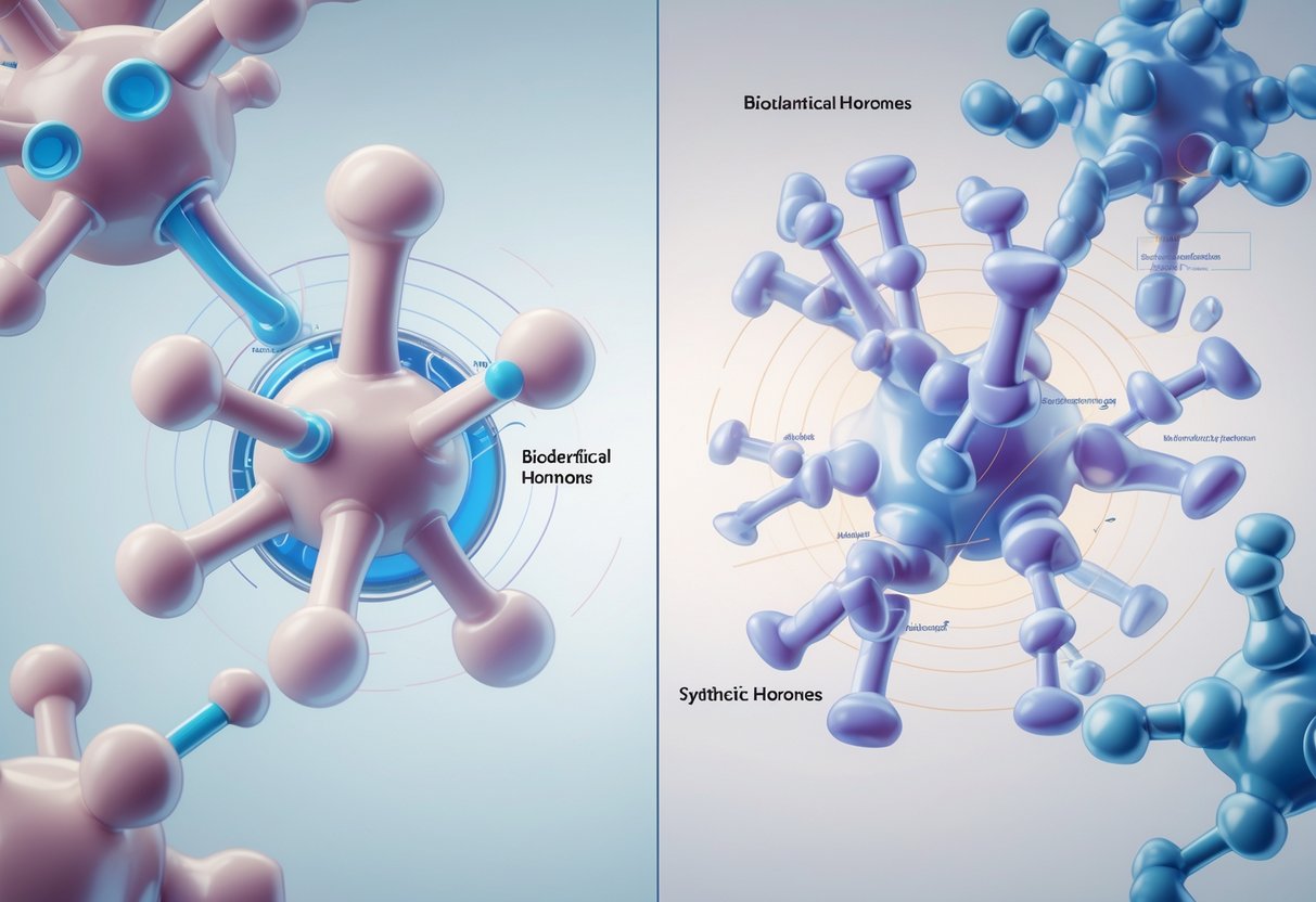 A side-by-side scientific illustration showing molecular structures of bioidentical hormones on one side and synthetic hormones on the other, with visual representations of how each interacts with receptor sites in the body.