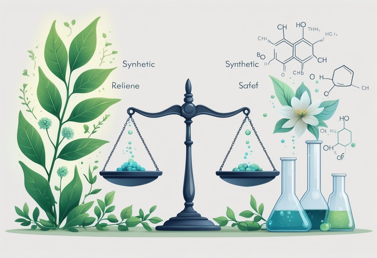 An illustration showing a balanced comparison between natural plant elements representing bioidentical hormones and laboratory glassware representing synthetic hormones, with a scale in the center symbolizing their effectiveness and safety.