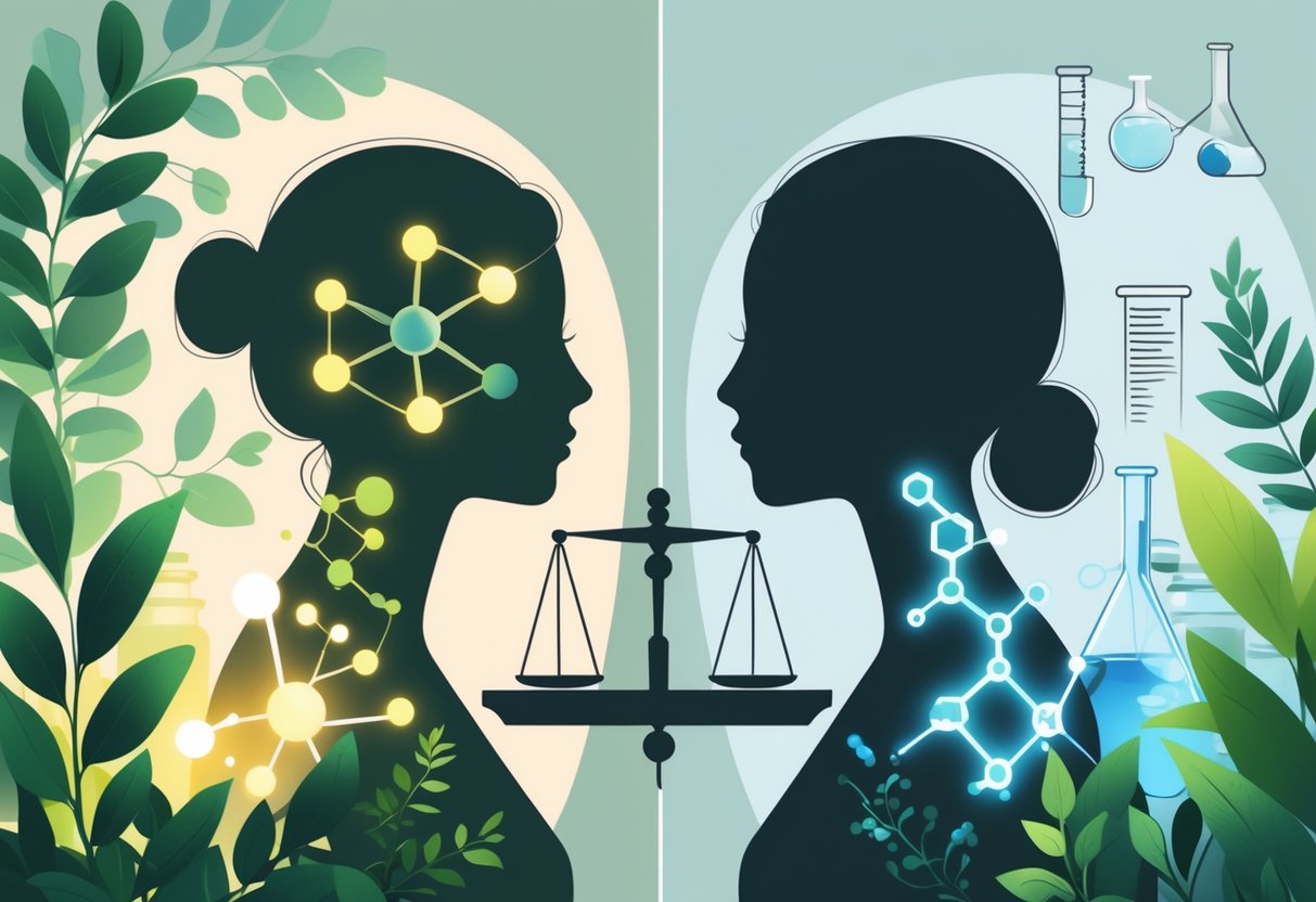 An illustration showing a comparison between natural bioidentical hormones with green leaves and warm light on one side, and synthetic hormones with lab equipment and cool blue light on the other side, separated by a balanced scale.
