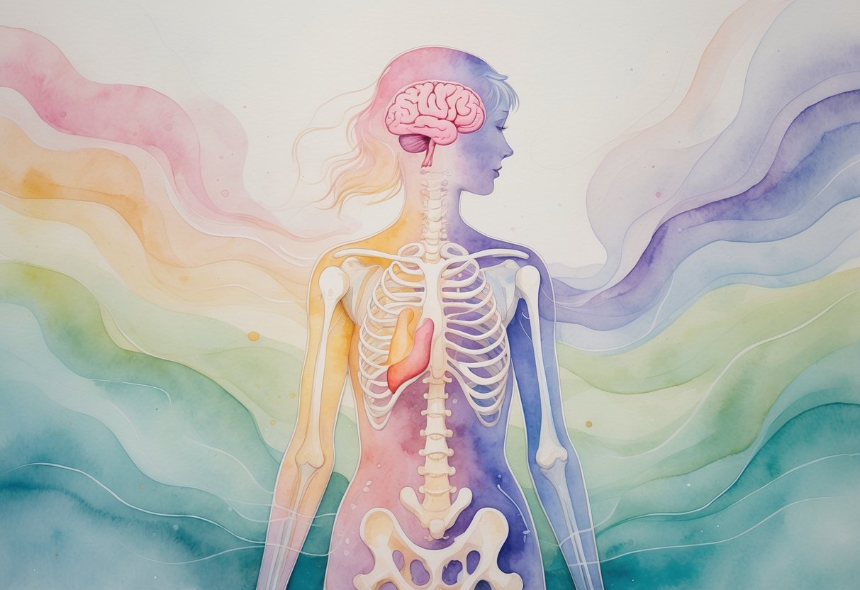A semi-transparent female figure with highlighted heart, bones, and brain, surrounded by soft colors symbolizing hormonal changes and physical effects.