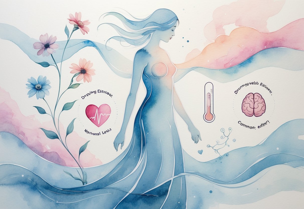 A semi-transparent female figure surrounded by symbols like fading flowers, a heart, a bone, a thermometer, and a brain, illustrating the effects of dropping estrogen levels on the body.
