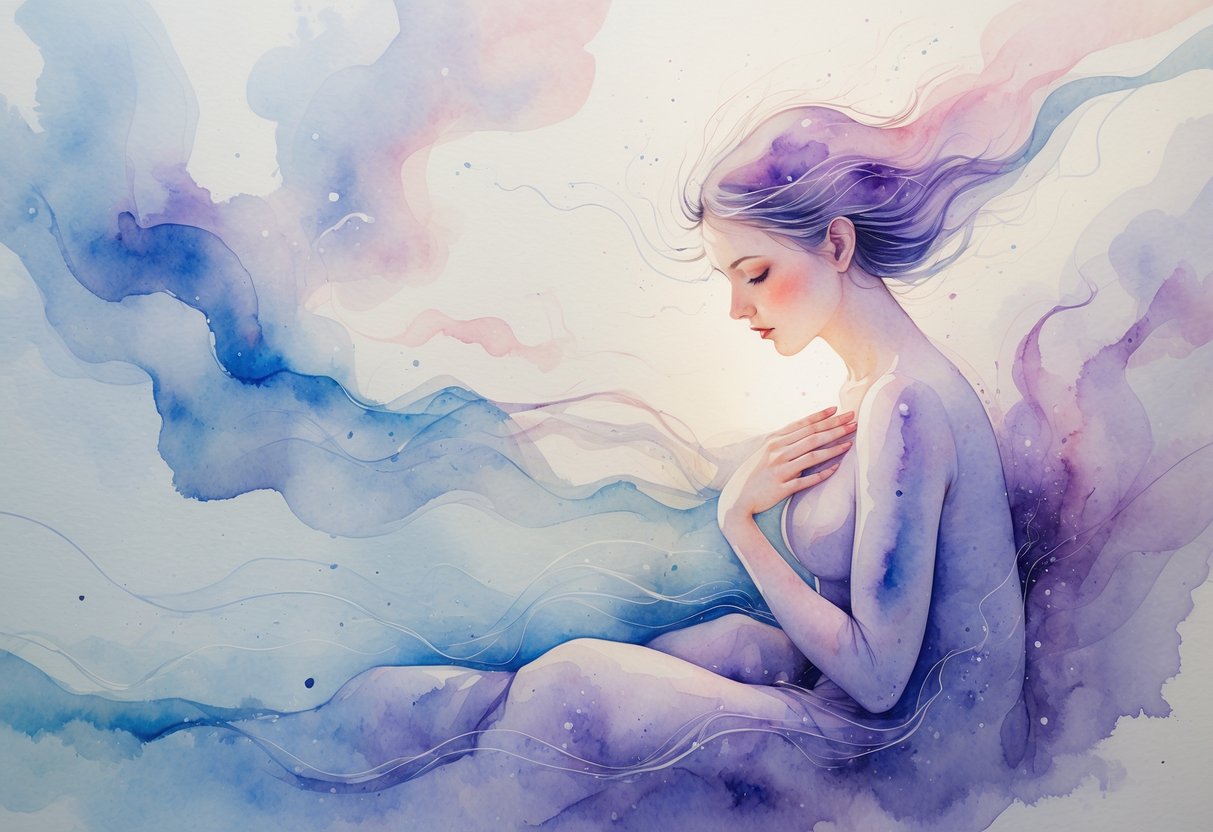 A semi-transparent woman surrounded by flowing colors and abstract shapes representing emotional and cognitive changes, with a gentle, introspective posture.