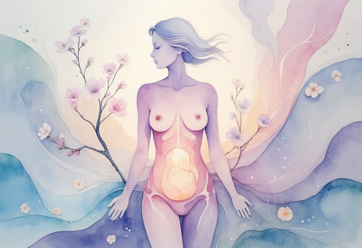 A softly painted female figure surrounded by gentle abstract shapes and pastel colors representing changes in the body.