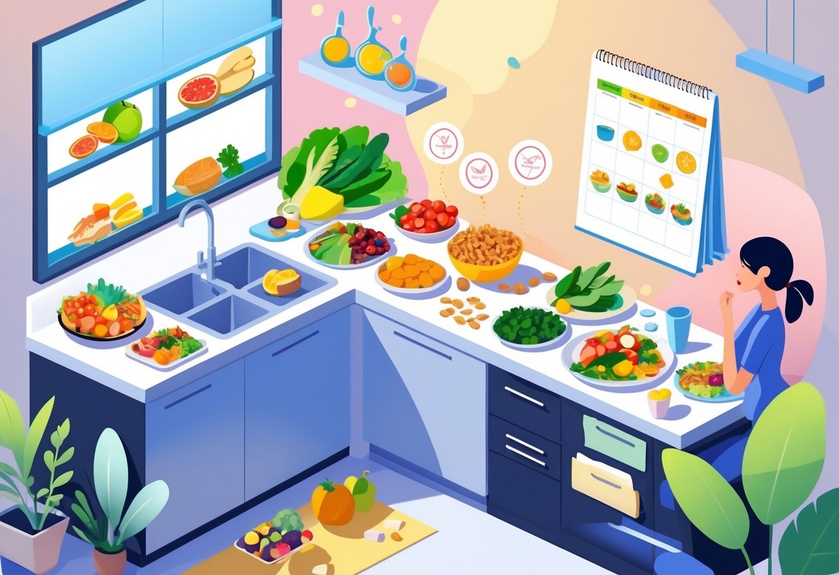 A woman standing near a kitchen counter with healthy foods and a 7-day meal plan, with glowing hormone icons around her abdomen.