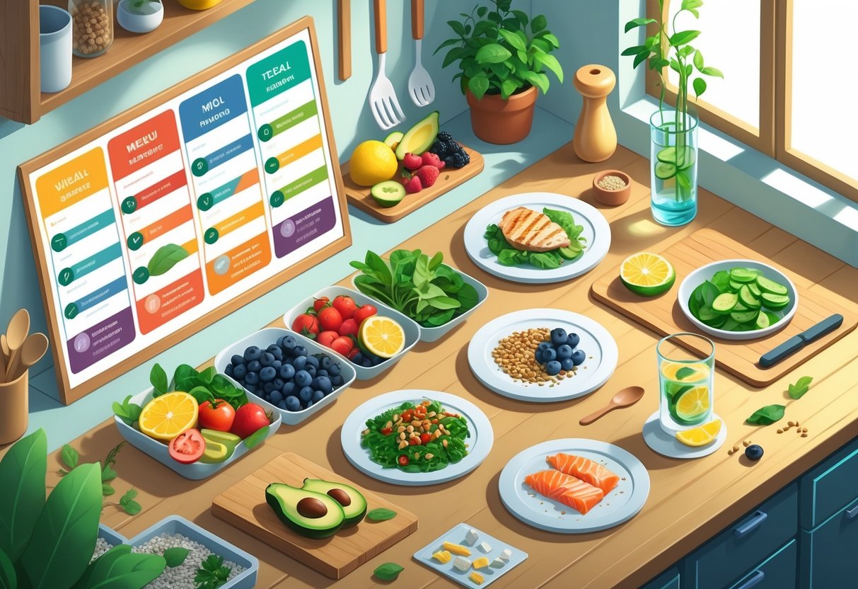 An isometric view of a kitchen countertop with a weekly meal planner board showing healthy foods, bowls of balanced meals, fresh vegetables, and a glass of infused water.