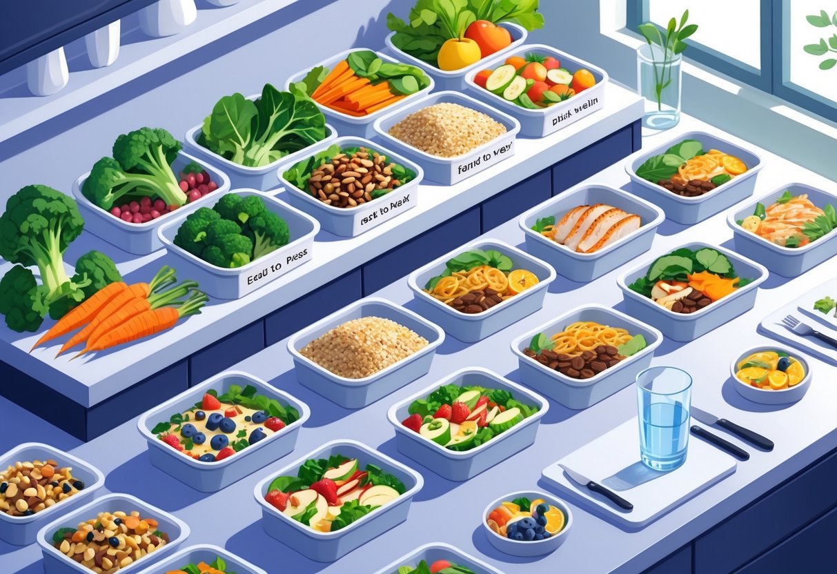 An isometric illustration of a kitchen countertop showing healthy foods like vegetables, whole grains, lean proteins, nuts, and fruits on one side, and processed, sugary, and fried foods on the other, with meal prep containers arranged for a week.