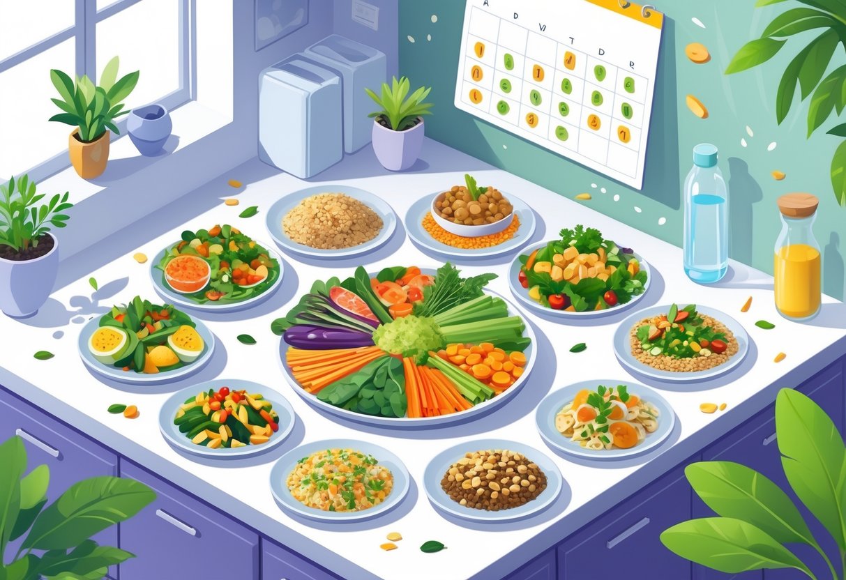 An isometric illustration showing seven healthy meal plates arranged on a kitchen countertop with fresh vegetables, proteins, and grains, alongside a calendar and water bottle.