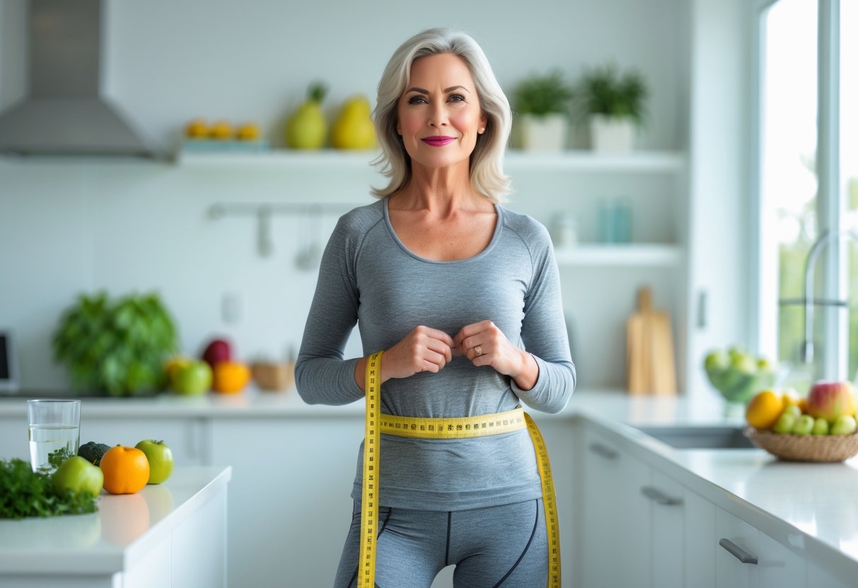 A middle-aged woman in activewear measuring her waist in a bright kitchen with fresh fruits and vegetables on the counter.