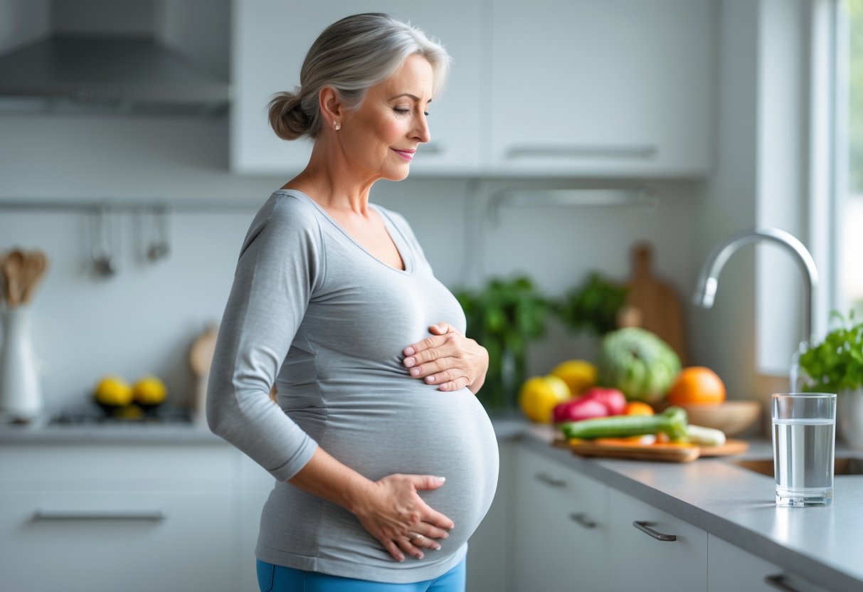 A middle-aged woman in a kitchen gently touching her abdomen, surrounded by fresh fruits and vegetables.