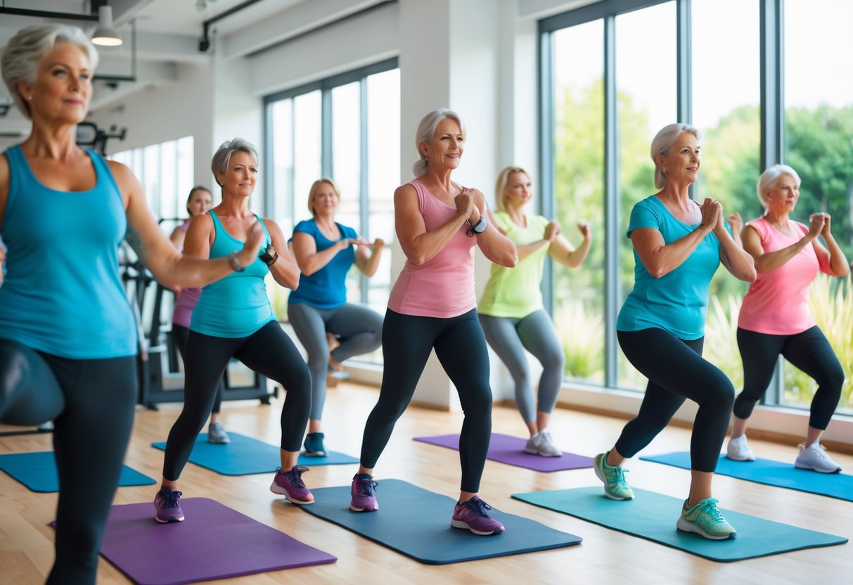 Middle-aged women exercising in a bright gym, doing yoga, weightlifting, and cardio activities.