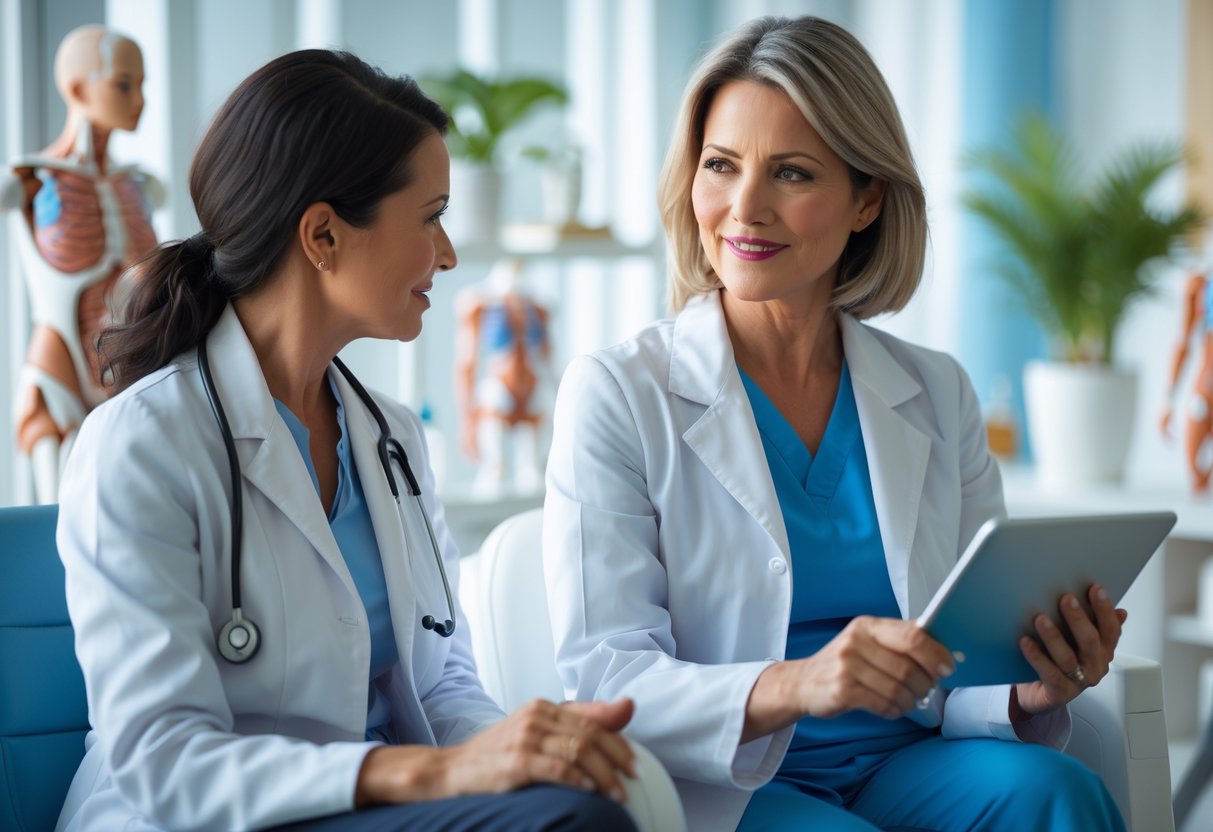 A middle-aged woman consulting with a female healthcare professional in a medical office.