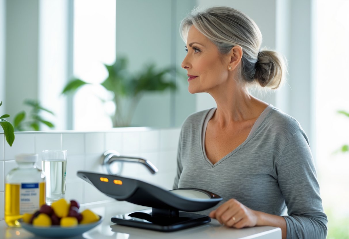 A middle-aged woman looking thoughtfully at a scale in a bright bathroom with health-related items on the countertop.