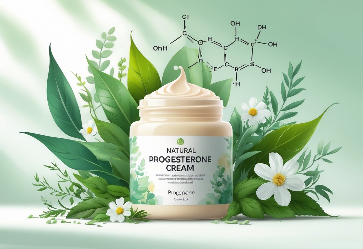 A jar of cream surrounded by green leaves and flowers with faint molecular structures in the background, symbolizing natural progesterone cream.