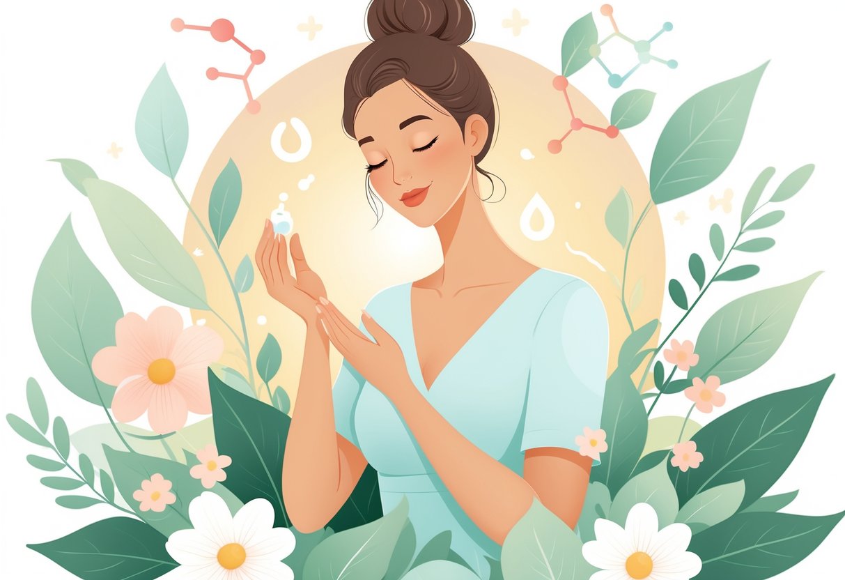 A woman gently applying cream to her arm surrounded by flowers and natural elements representing health and hormonal balance.