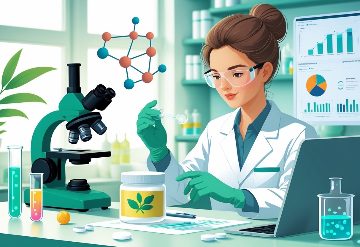 A female scientist in a lab coat examines a jar of cream surrounded by laboratory equipment, molecular structures, and digital charts representing scientific research.