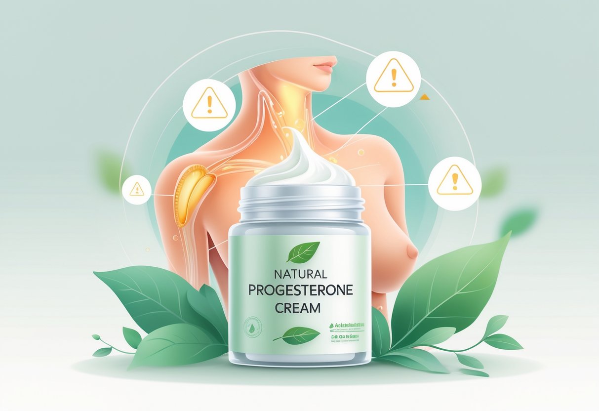 Illustration showing a jar of natural progesterone cream surrounded by abstract human body areas with subtle highlights indicating effects and potential side effects.