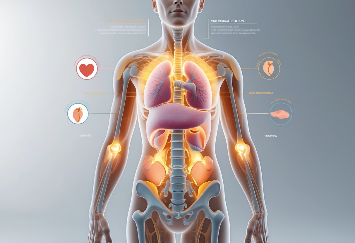 3D rendering of a middle-aged adult human torso with semi-transparent skin showing internal organs and highlighted areas indicating potential health effects.