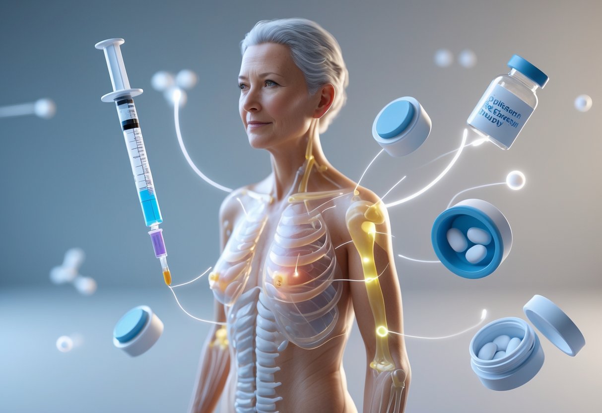 A 3D rendered image showing a middle-aged person with semi-transparent skin and internal anatomy, surrounded by visual representations of hormone therapy methods including injection, patch, pills, and gel.