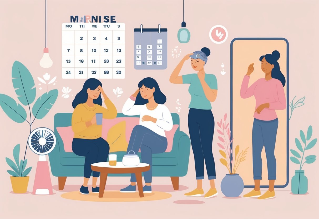 A group of women in a home setting showing signs of early menopause symptoms such as hot flashes, fatigue, mood changes, and irregular periods.