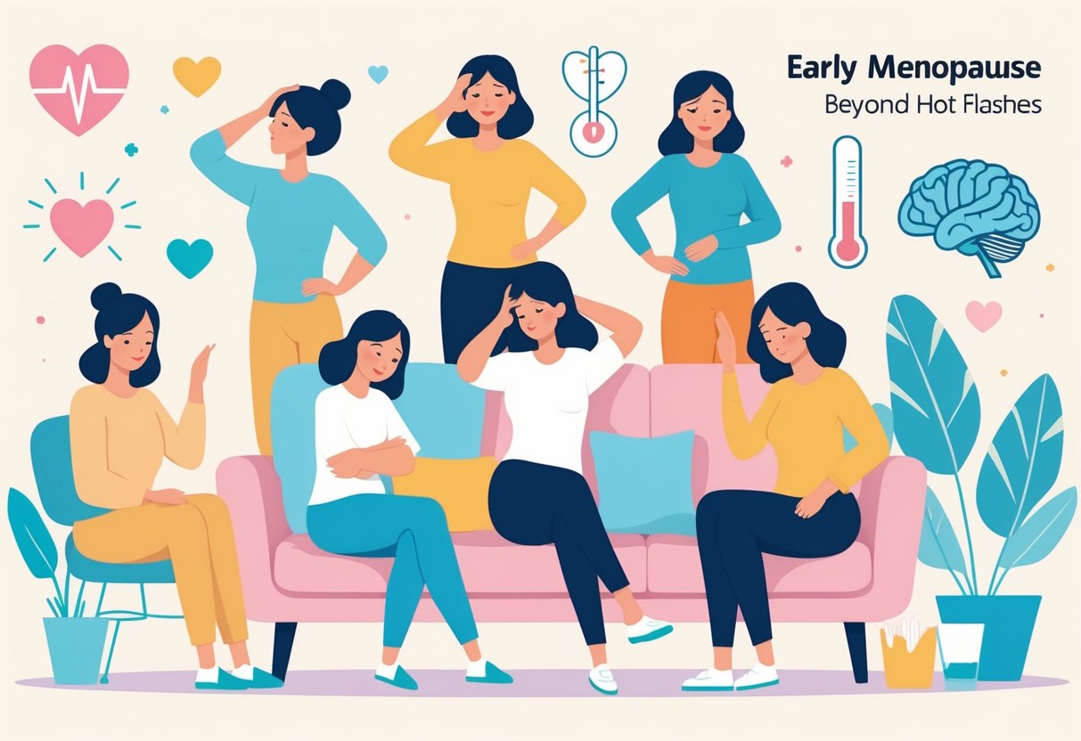 A group of women in a home setting showing various physical symptoms like headaches, joint pain, fatigue, and skin changes associated with early menopause.