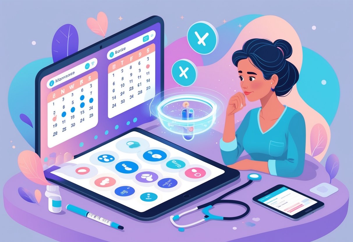 A middle-aged woman examining floating medical icons representing early menopause symptoms and hormonal changes, surrounded by health-related objects.