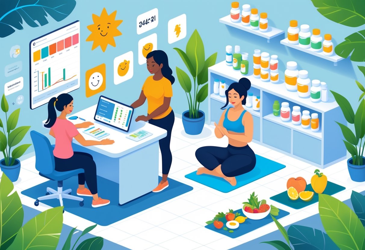 A scene showing women consulting a doctor, doing yoga, and preparing healthy food, representing ways to manage early menopause symptoms.