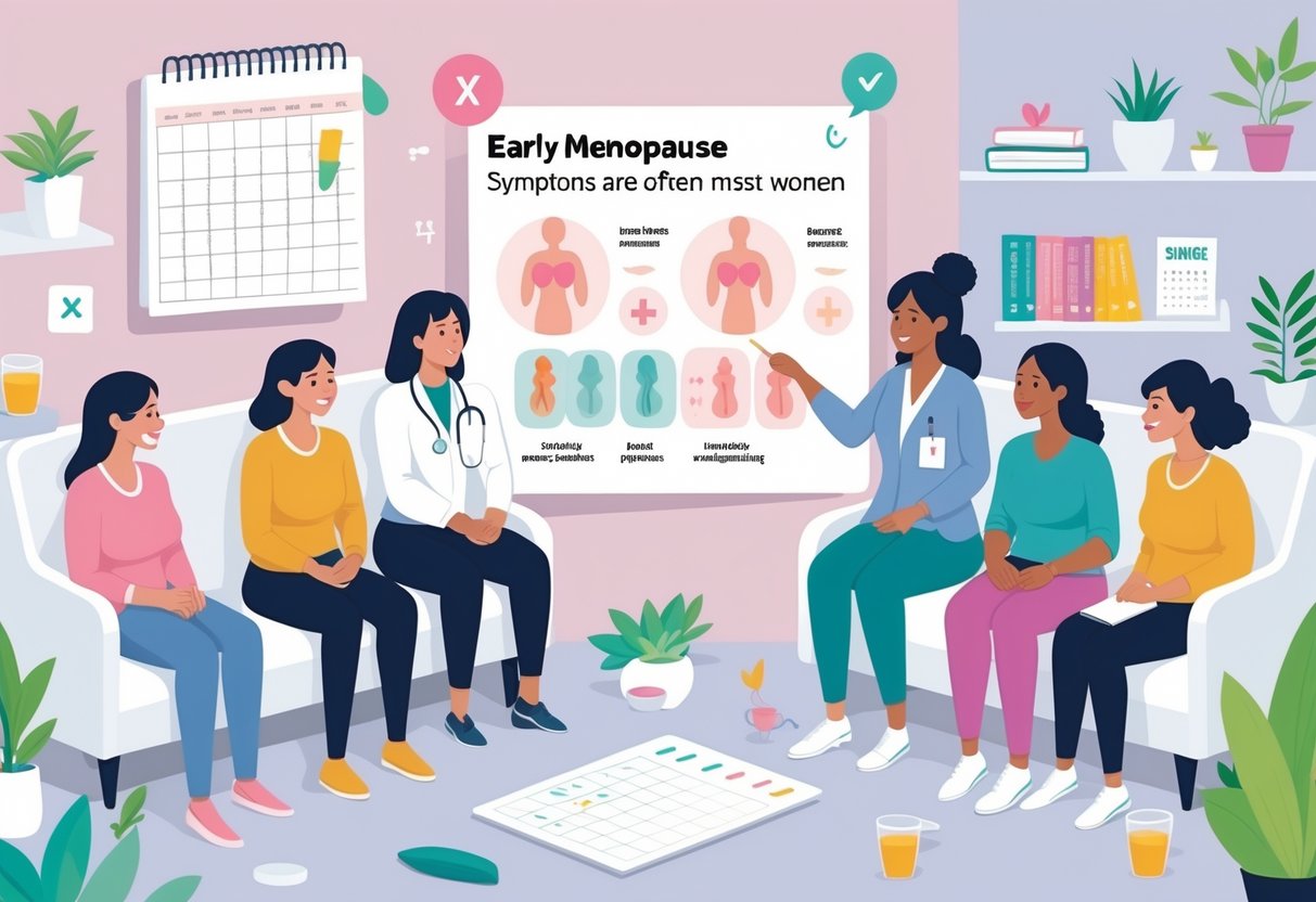 A group of women talking with a healthcare professional in a clinic, looking at a floating panel showing body areas related to early menopause symptoms.