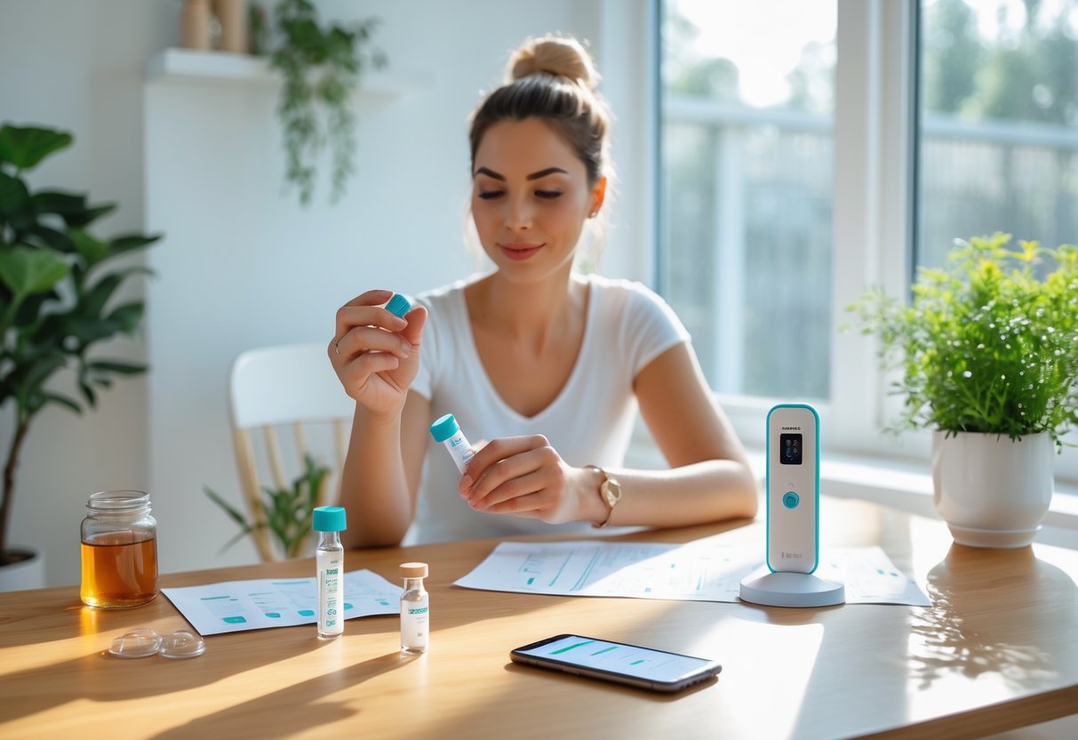 A woman at home preparing to use a hormone testing kit on a wooden table with natural light.