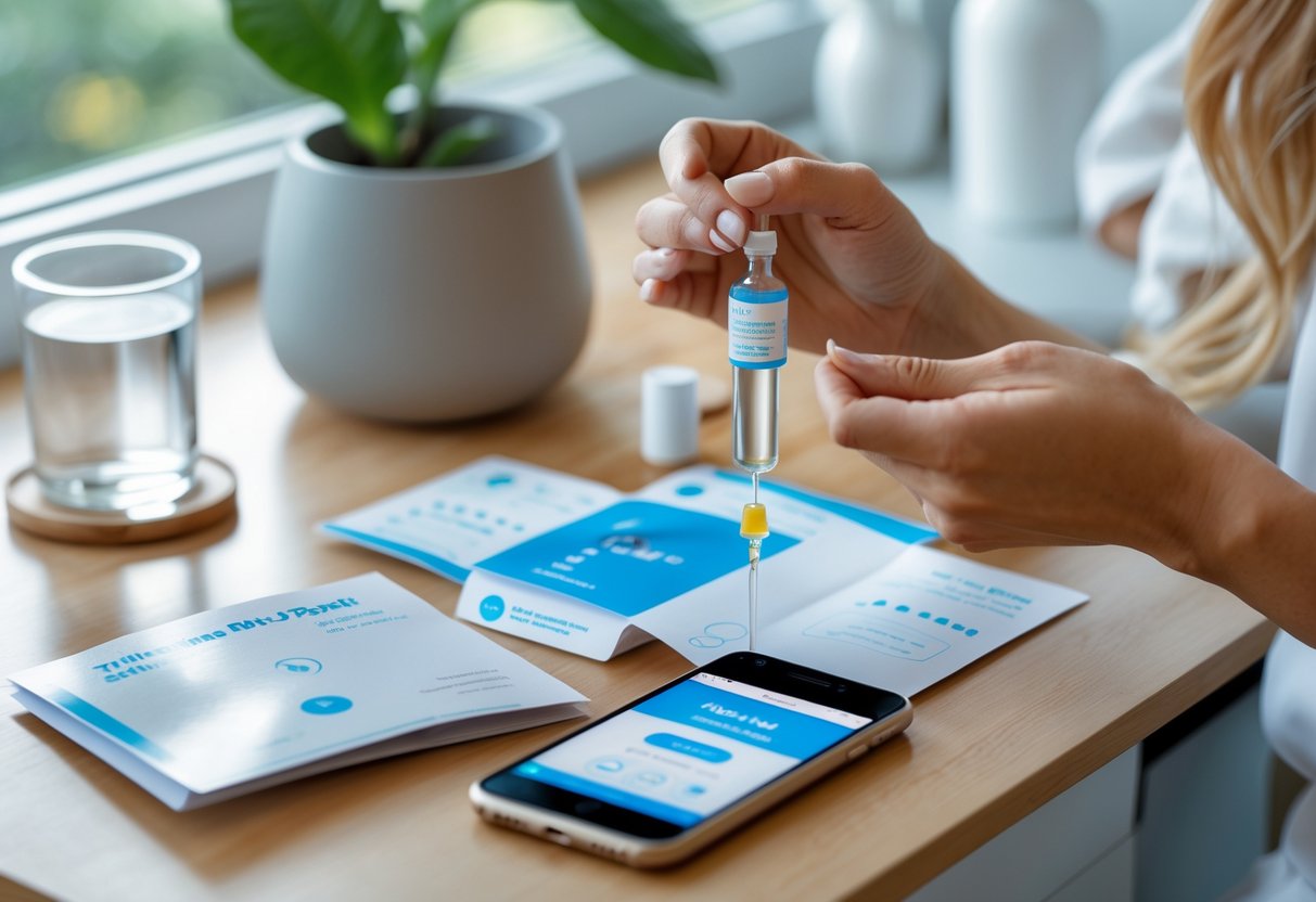 A person holding a small vial from a hormone test kit on a wooden table in a bright home setting with a smartphone and testing materials nearby.