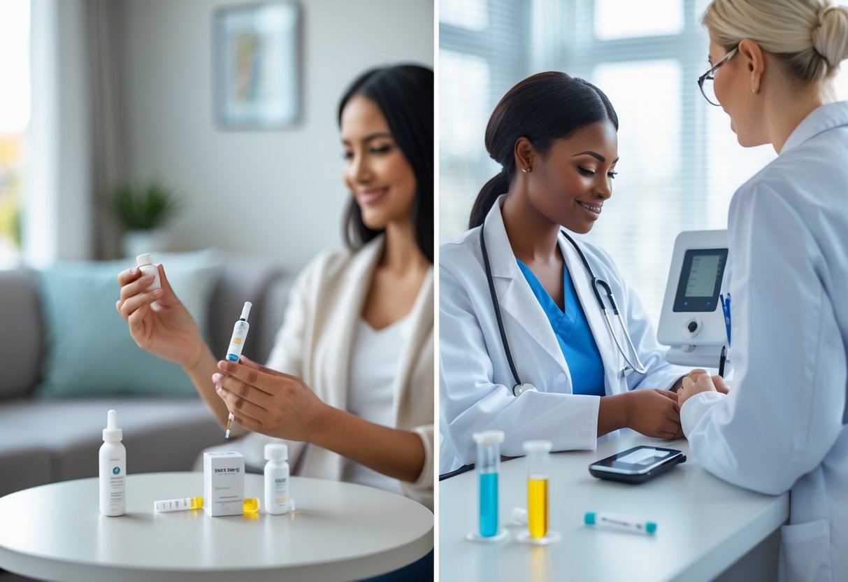 A person using a hormone test kit at home on one side and a healthcare professional assisting a patient with hormone testing in a clinic on the other side.