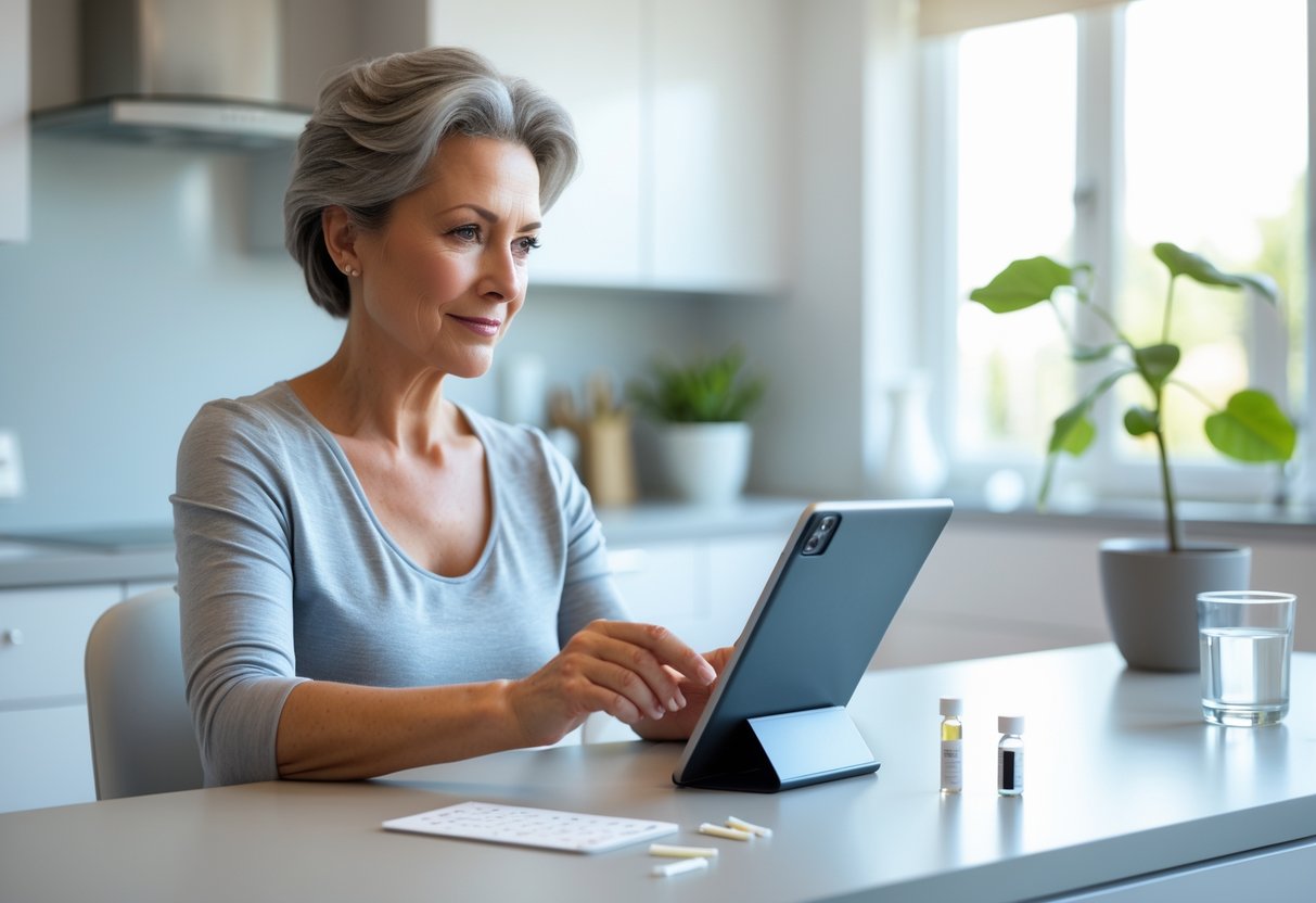 A middle-aged woman sitting at a kitchen table, looking thoughtfully at a tablet with hormone test kit items on the table.