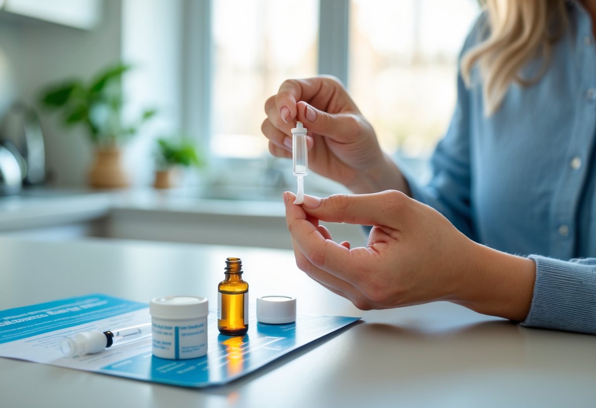 Person holding a hormone testing vial at home with a testing kit on a table in a bright room.