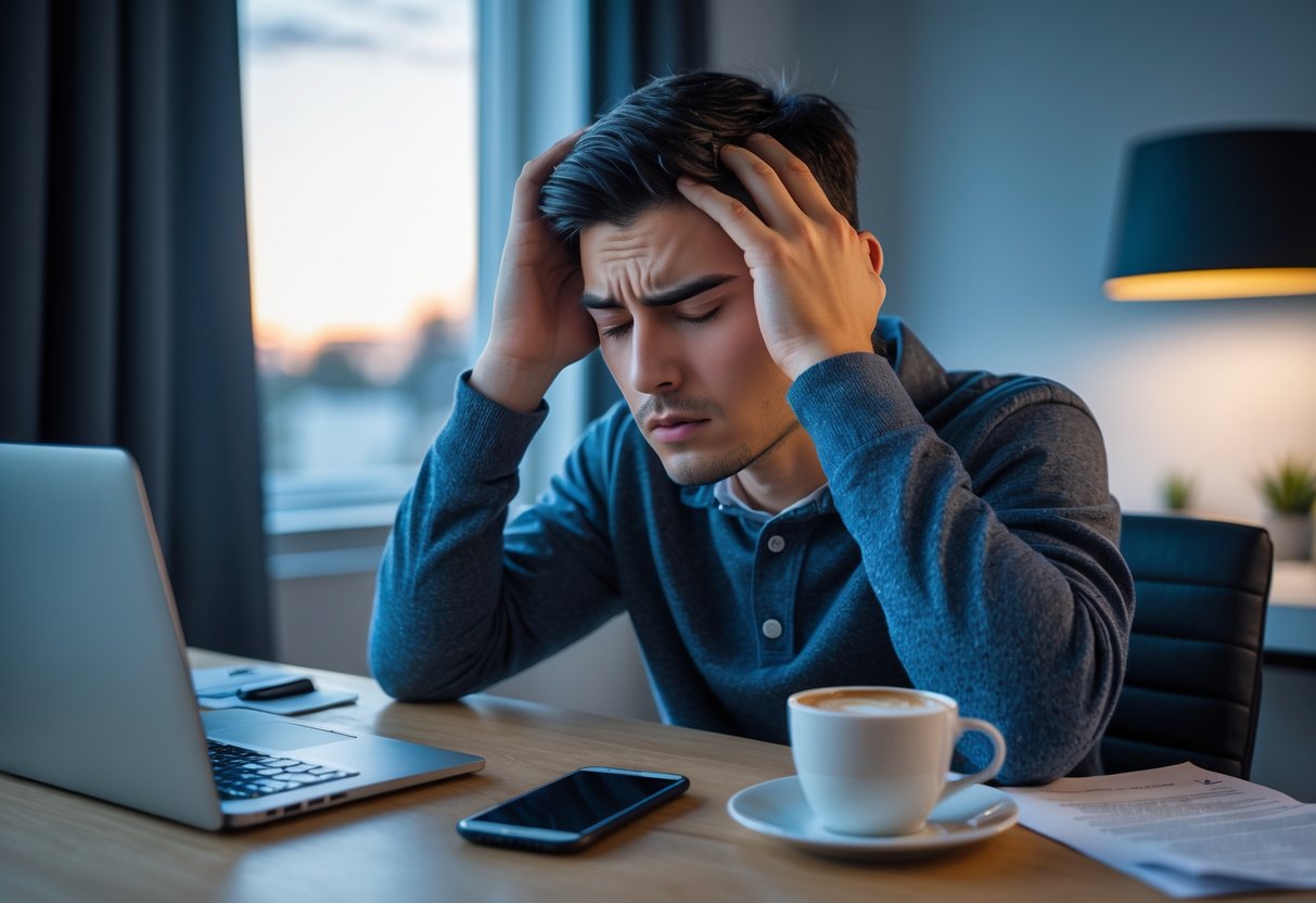 v2-11l2iz-699gi - Preventive Medicine Daily A tired young man rubbing his temples at a desk with a laptop and coffee, showing signs of fatigue in a dimly lit room.
