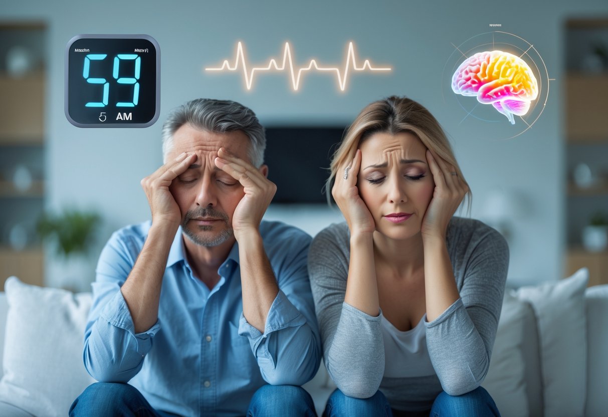 v2-11l2jp-zm7kd - Preventive Medicine Daily A tired man and woman sitting in a bright home, showing signs of fatigue with dark circles under their eyes and rubbing their eyes.