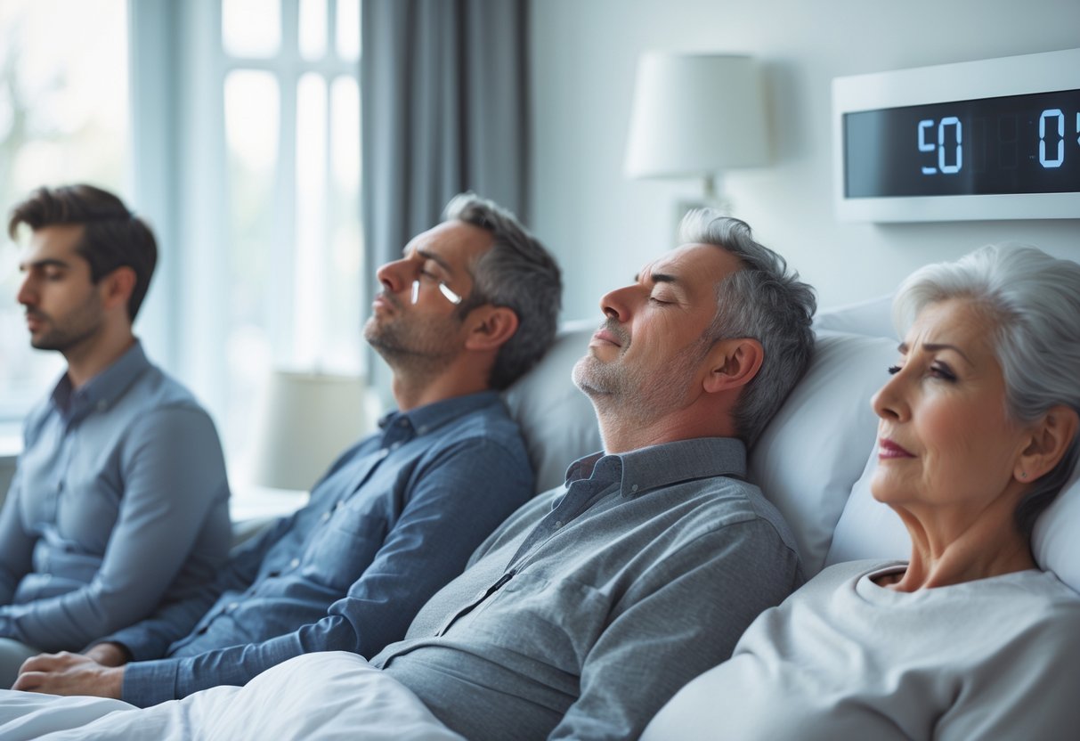 v2-11l2mg-443zy - Preventive Medicine Daily Three people of different ages in a bedroom showing signs of tiredness after limited sleep.