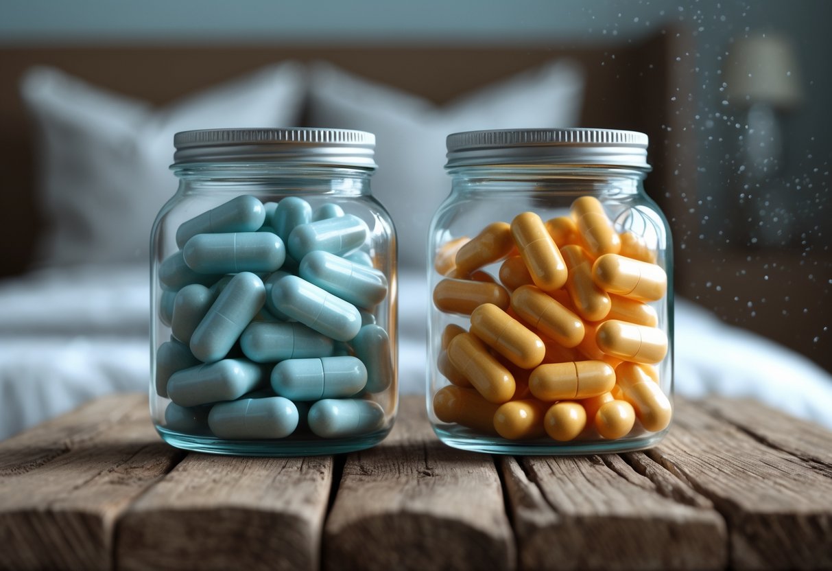 Two glass jars on a wooden table containing blue magnesium glycinate capsules and orange magnesium citrate capsules, with a blurred bedroom background suggesting sleep and relaxation.