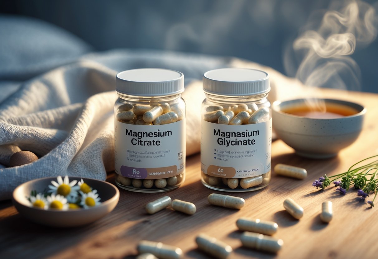Close-up of two glass jars containing different magnesium supplements on a wooden surface, surrounded by chamomile flowers, lavender sprigs, and a steaming cup of herbal tea.