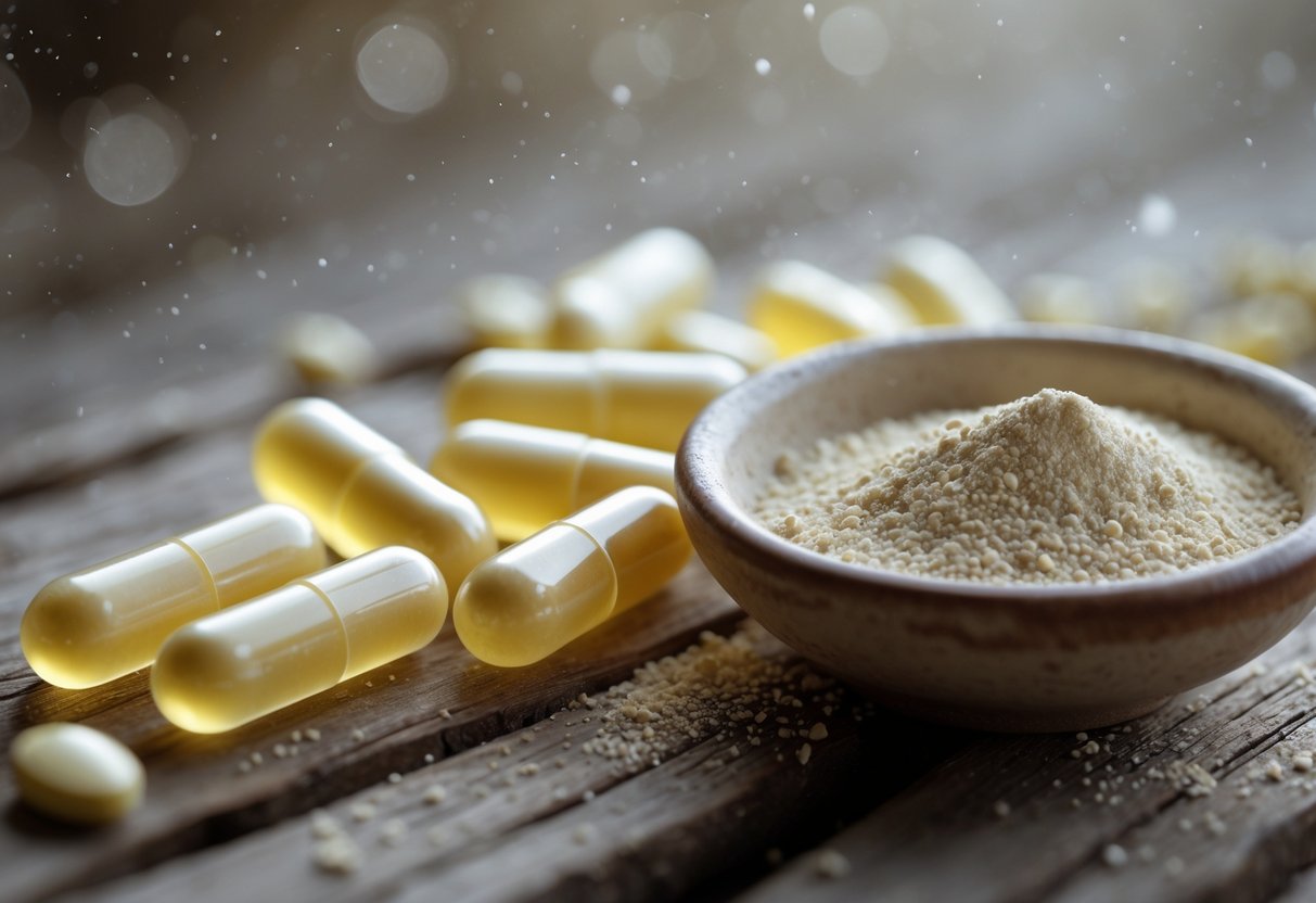 Close-up image of magnesium glycinate capsules and magnesium citrate powder displayed on a wooden surface with a ceramic bowl.