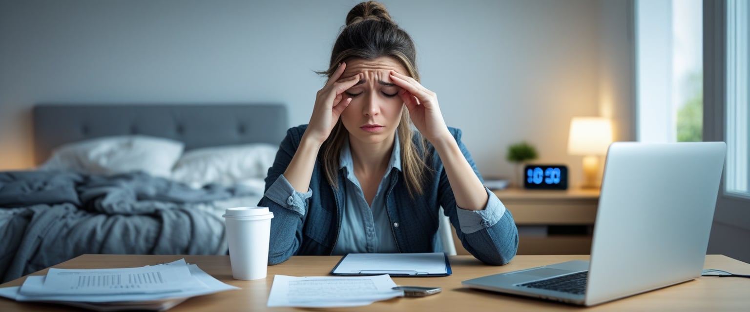A tired young woman sitting at a desk rubbing her eyes with a cup of coffee, surrounded by a messy bed and a laptop in a home office.